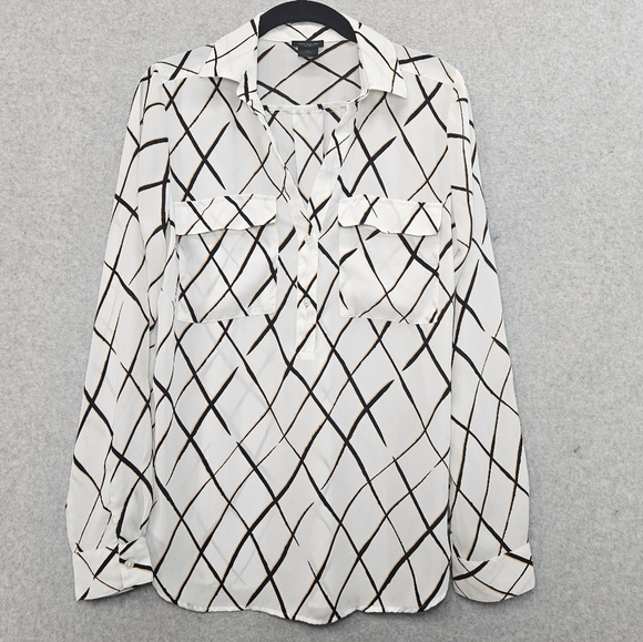 Ann Taylor Factory Blouse White with Black Slanted Window Pane Pattern Women's M - Picture 1 of 4